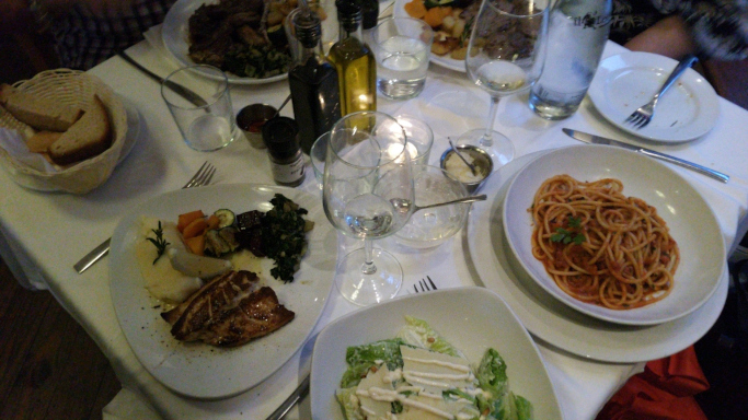 Pasta, veal, fish, lamb chops and a caesar salad